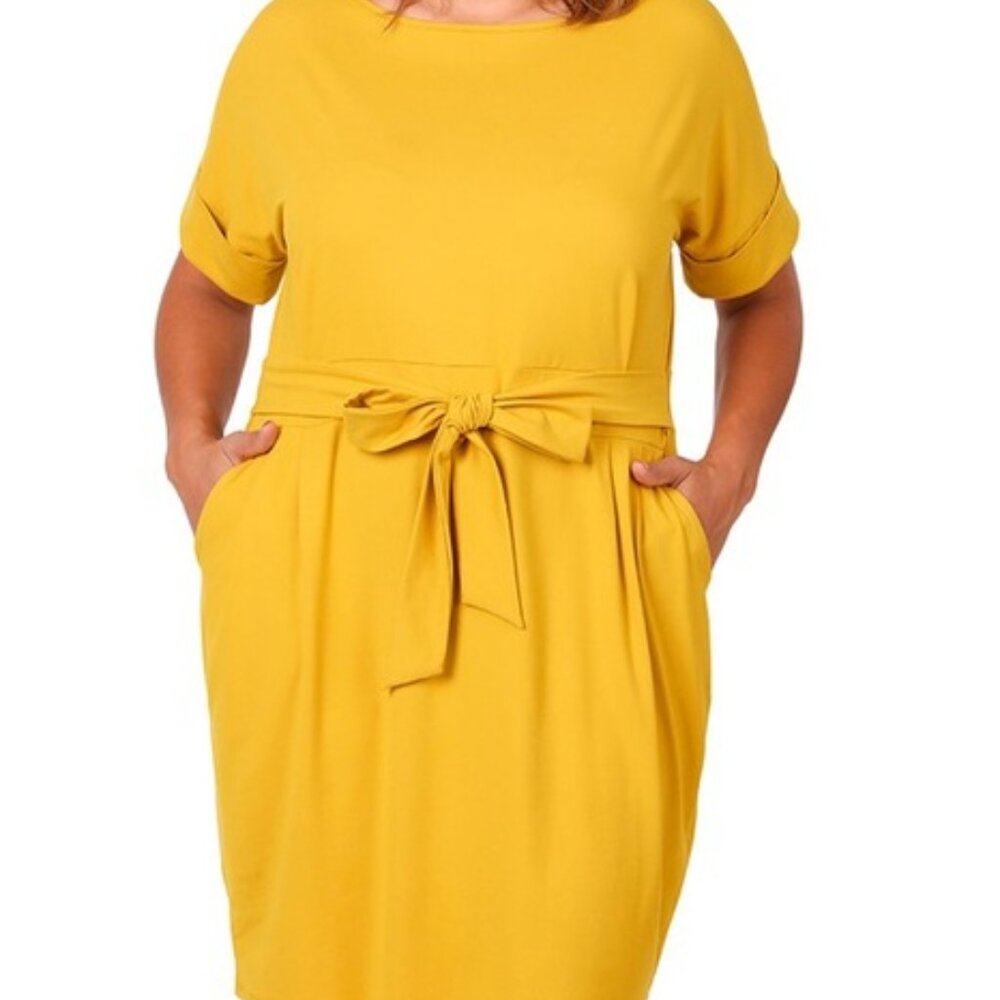 PLUS BRUSHED DTY TIE-BELT DRESS